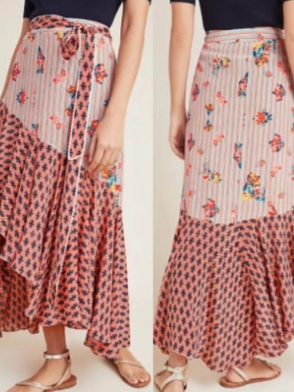 Anthropologie Pink Floral & Striped Midi Skirt